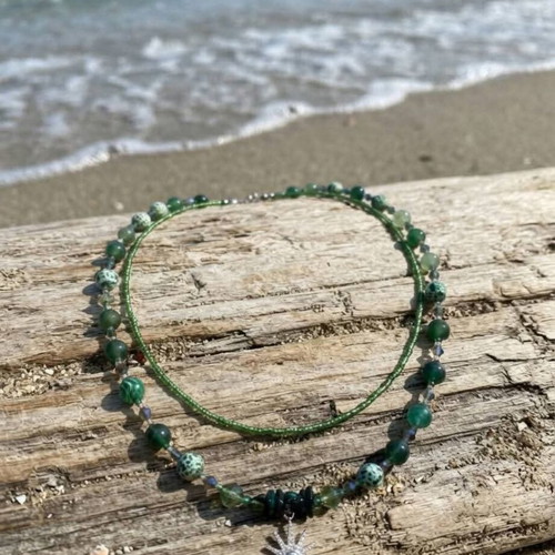 Handmade double necklace with natural stones and sun pendant, new