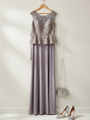 Mikael Luxury Maxi Dress New, Gray, Handmade Lace and Chiffon