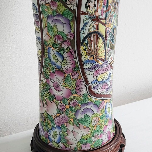 Large Chinese Famille Rose porcelain vase with wooden base, Republic period