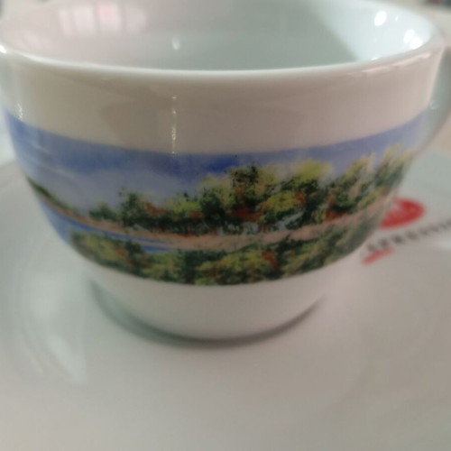 Lumidhs Coffee Cup and Saucer Set of 6 with Greek Landscapes and 6 White Italian Plates new