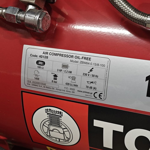 Toros Silent Oil-Free Αεροσυμπιεστής 100Lt 3HP σαν καινούργιος