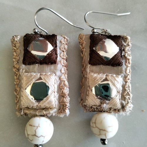 Handmade embroidered earrings with trim and semi-precious stones new