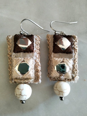 Handmade embroidered earrings with trim and semi-precious stones new