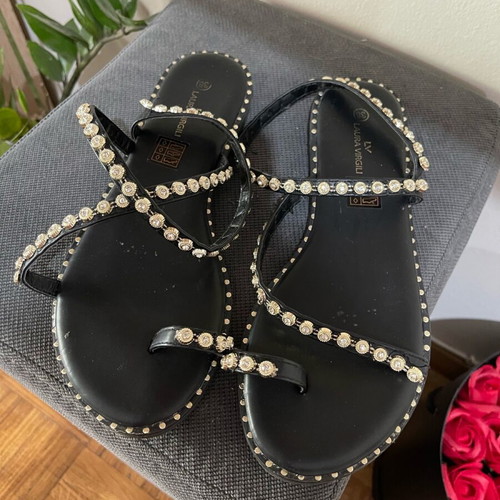 Flat sandals like new, black with studs, synthetic leather, size 38