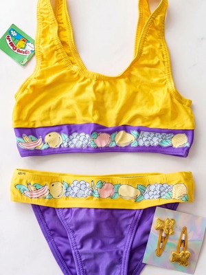 Girls' bikini swimsuit new with hair clips, size 2 years, yellow and purple