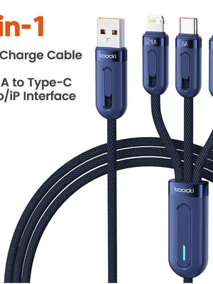 Toocki 3-in-1 Charging Cable USB-C Lightning Micro-USB Navy Blue 1.2m