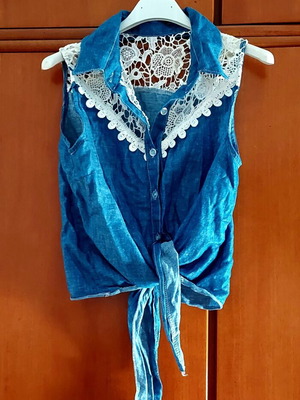Πουκάμισο denim με άσπρη δαντέλα, σαν καινούργιο, μέγεθος S