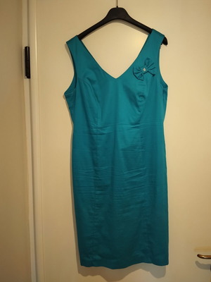 Elegant petrol midi dress with bow and rhinestones on shoulder, like new