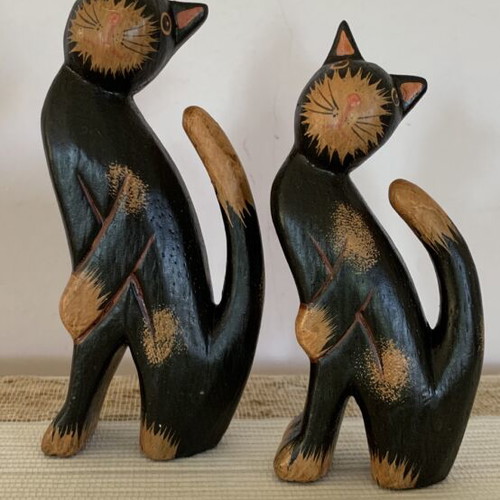 Set of two handmade wooden cat figurines new