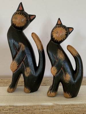 Set of two handmade wooden cat figurines new