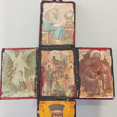 Old cross with silkscreen prints 23x12 cm used