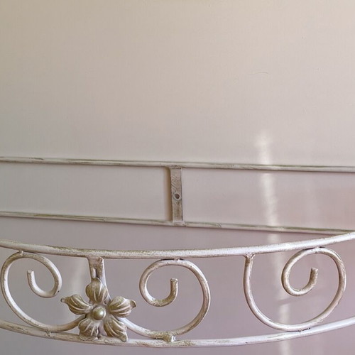 Handmade solid iron bed set with curtain rod and wall mount for mosquito net like new, beige gold patina