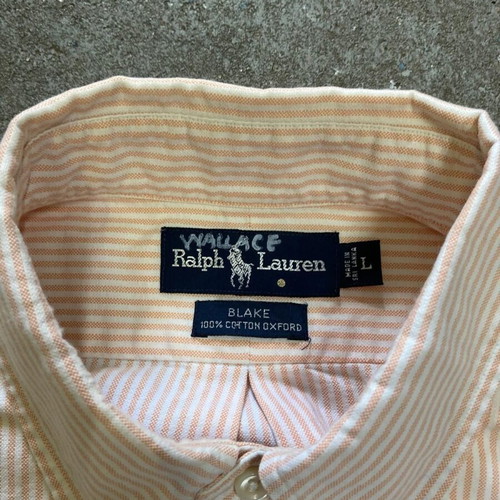 Ralph Lauren Short Sleeve Oxford Shirt L, beige white pinstripe, cotton