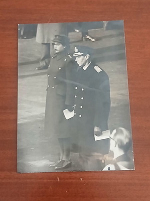 Authentic 1945 press photo used, King George VI and Princess Elizabeth in ATS uniform