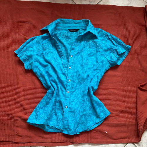 Turquoise short-sleeve shirt, floral pattern, women's