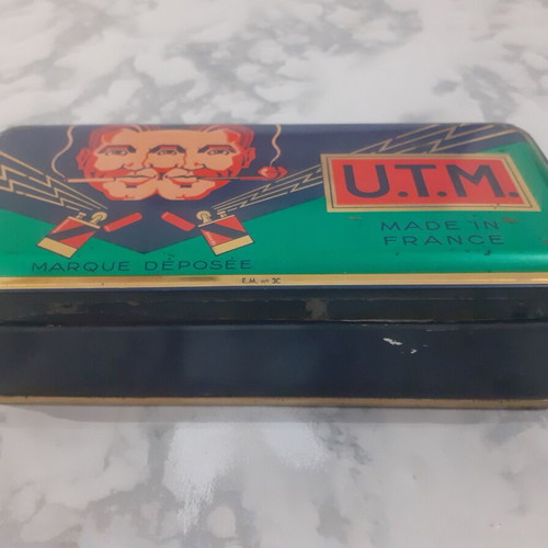 Vintage U.T.M. metal box used, French 1960s lighter stones