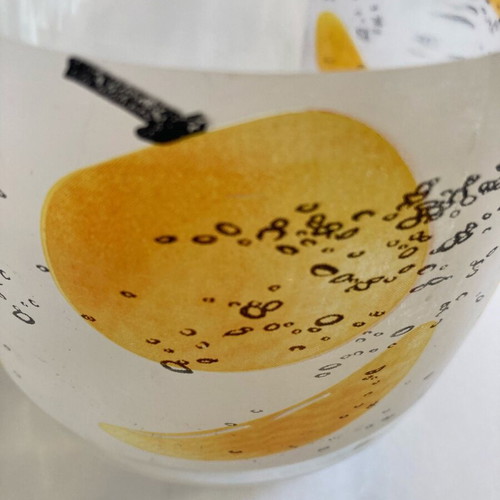 Large vintage glass jar decorated with yellow fruit and black bubbles like new