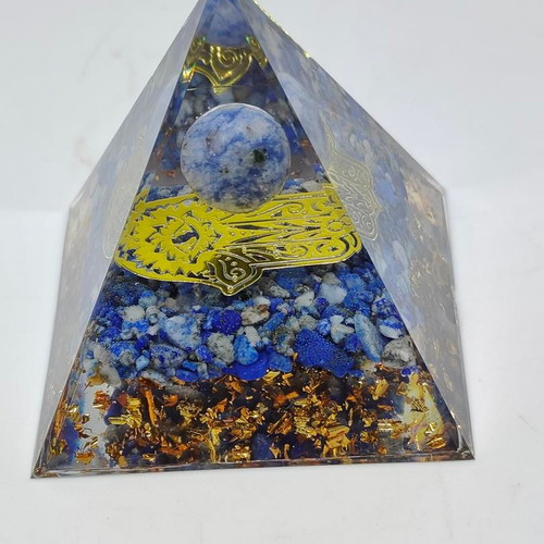 Orgonite pyramid with Lapis Lazuli, Sodalite and Hamsa hand like new