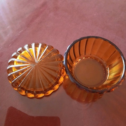 Czech glass amber candy dish with lid 7 cm high