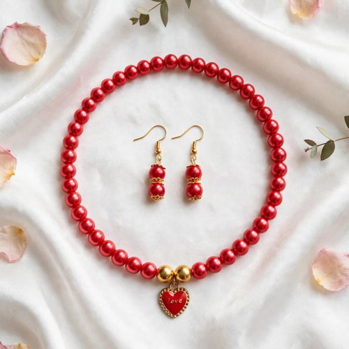 Red summer  necklace and earings set