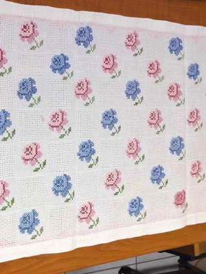 Cross-stitch table runner handmade like new, pink and sky blue