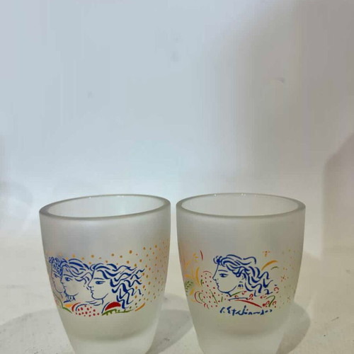 Vintage set of 2 collectible shot glasses signed by G. Stathopoulos used