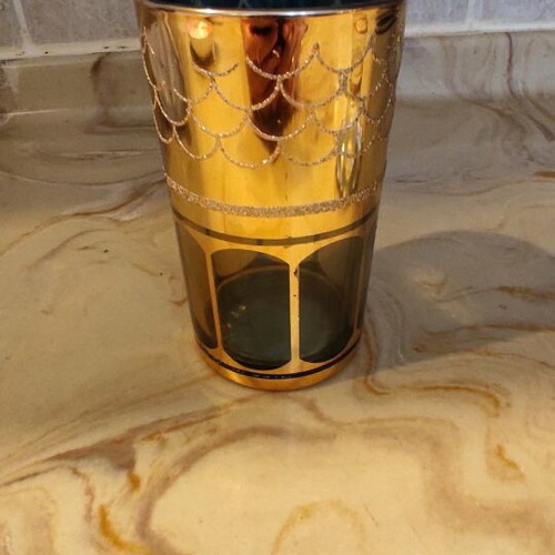 Vintage set of 6 tall glasses with gold patina and embossed designs, Made in Corea
