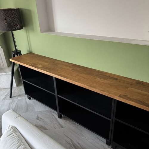 Shelving units, small x3 and large x2, wood