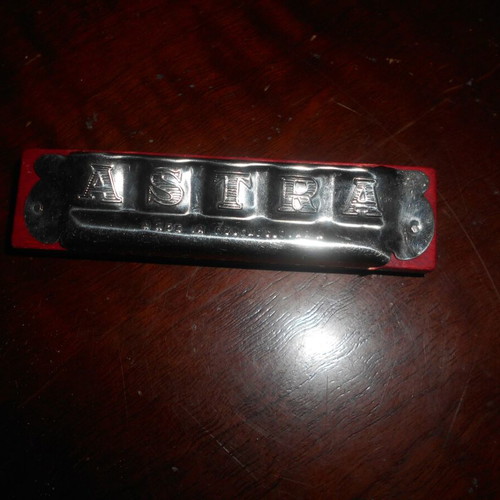 Wooden double tambourine used, diameters 16 and 13 cm with 3 unused Czechoslovak harmonicas from 1950s