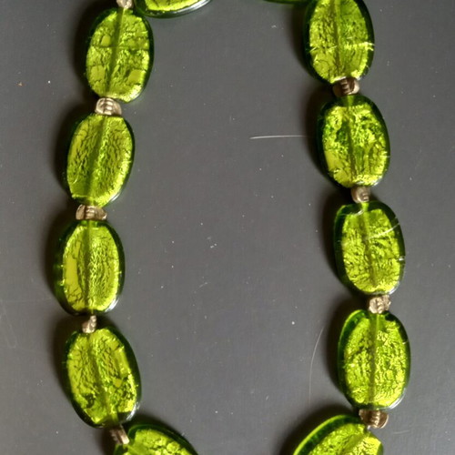 Necklace with glass beads and brass elements handmade like new, green and gold