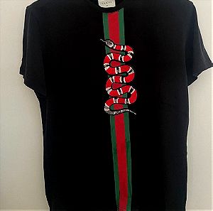 Gucci μαύρη μπλούζα T-shirt με τύπωμα φίδι πράσινο μαύρο made in Italy XL