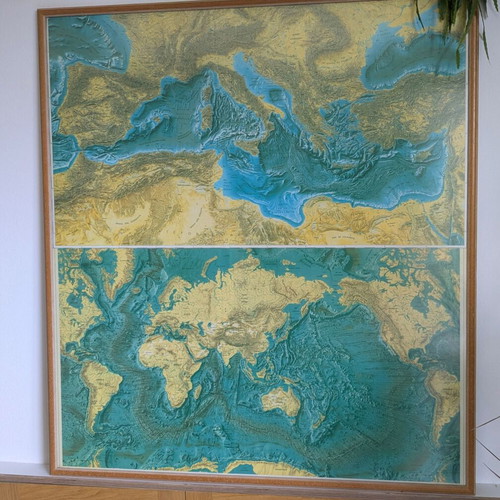Large physical geomorphological map of world and Mediterranean like new