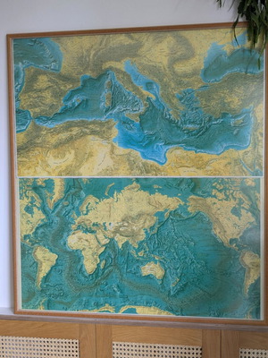 Large physical geomorphological map of world and Mediterranean like new