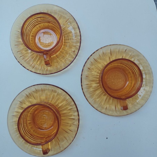 Vintage coffee set 3 pieces amber glass Sunflower design