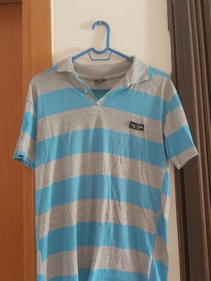 Polo shirt used, striped, size XL, gray and blue