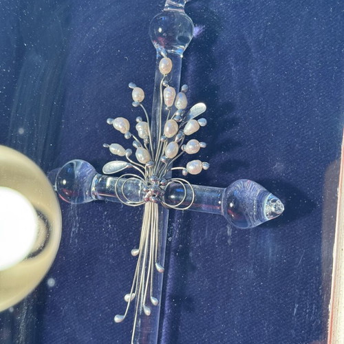 Framed cross with crystal and pearls used
