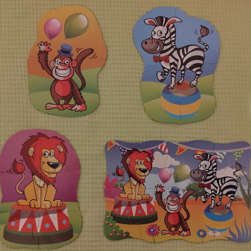 Wooden and paper puzzles used for children