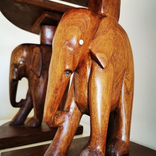 Handmade wooden carved elephant figurines set of 2 like new