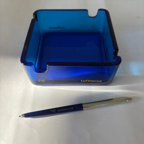 Lufthansa collectible glass ashtray and pen used