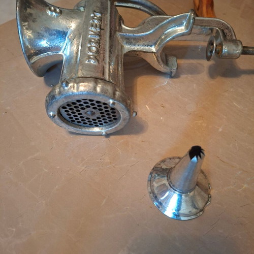 Vintage meat grinder with wooden handle like new