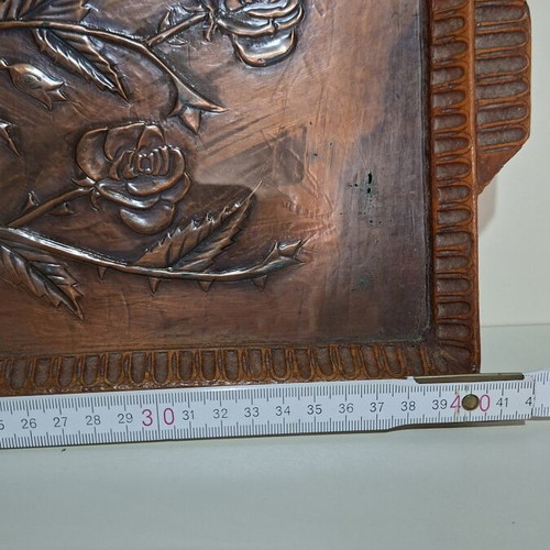 Wooden serving tray with integrated chalcography used