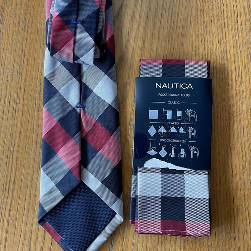 Nautica tie and pocket square set new checkered blue, red