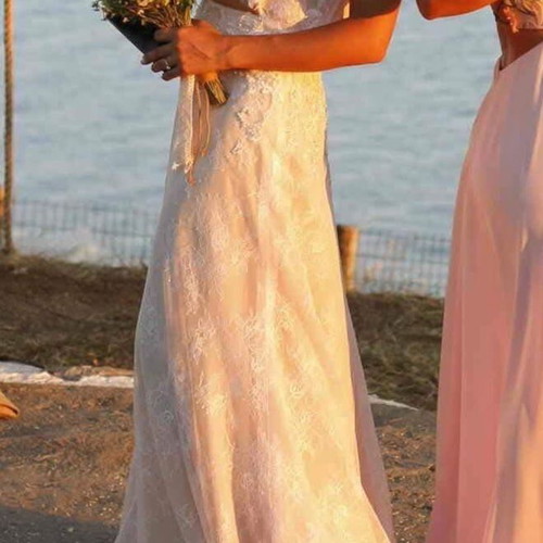 Boho wedding dress Demetrios 2017, beige and white lace