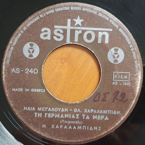 Ν. & Βλ. Χαραλαμπίδης Τη Γερμανίας Τα Νερά 7" single μεταχειρισμένο, λαϊκό
