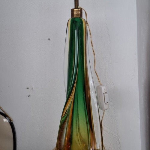 Murano Sommerso Table Lamp used, hand-blown green and amber glass with brass ring