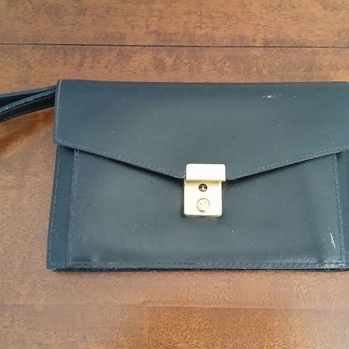 Men's leather wristlet bag used, black, 4 compartments, 13x20.5 cm
