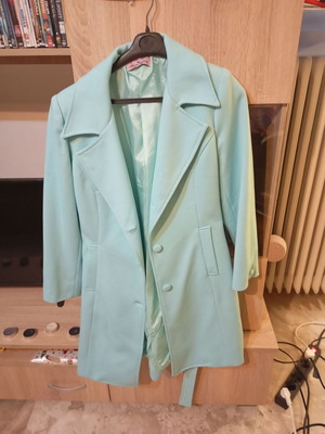 Long turquoise coat like new with buttons and belt