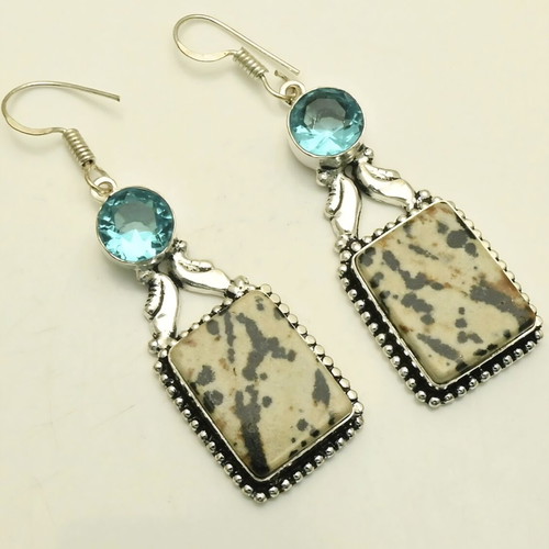 Earrings with Dalmatian Jasper and Blue Topaz in 925 Silver Plated Hooks