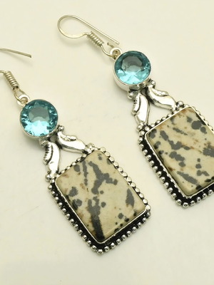 Earrings with Dalmatian Jasper and Blue Topaz in 925 Silver Plated Hooks
