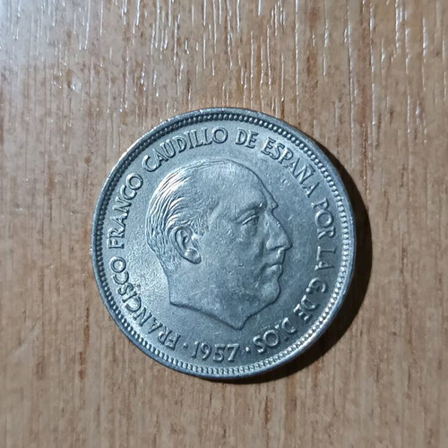 25 Pesetas Coin 1957 with 1969 Star Used, Spain Franco